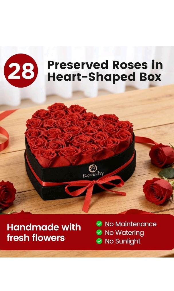 28pcs Red Forever Preserved Roses in Heart Shape Gift Box