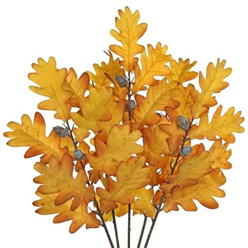 5 Pcs Artificial Fall Oak Leaves Stems – 19.6” Fake Autumn Foliage for Home Deco