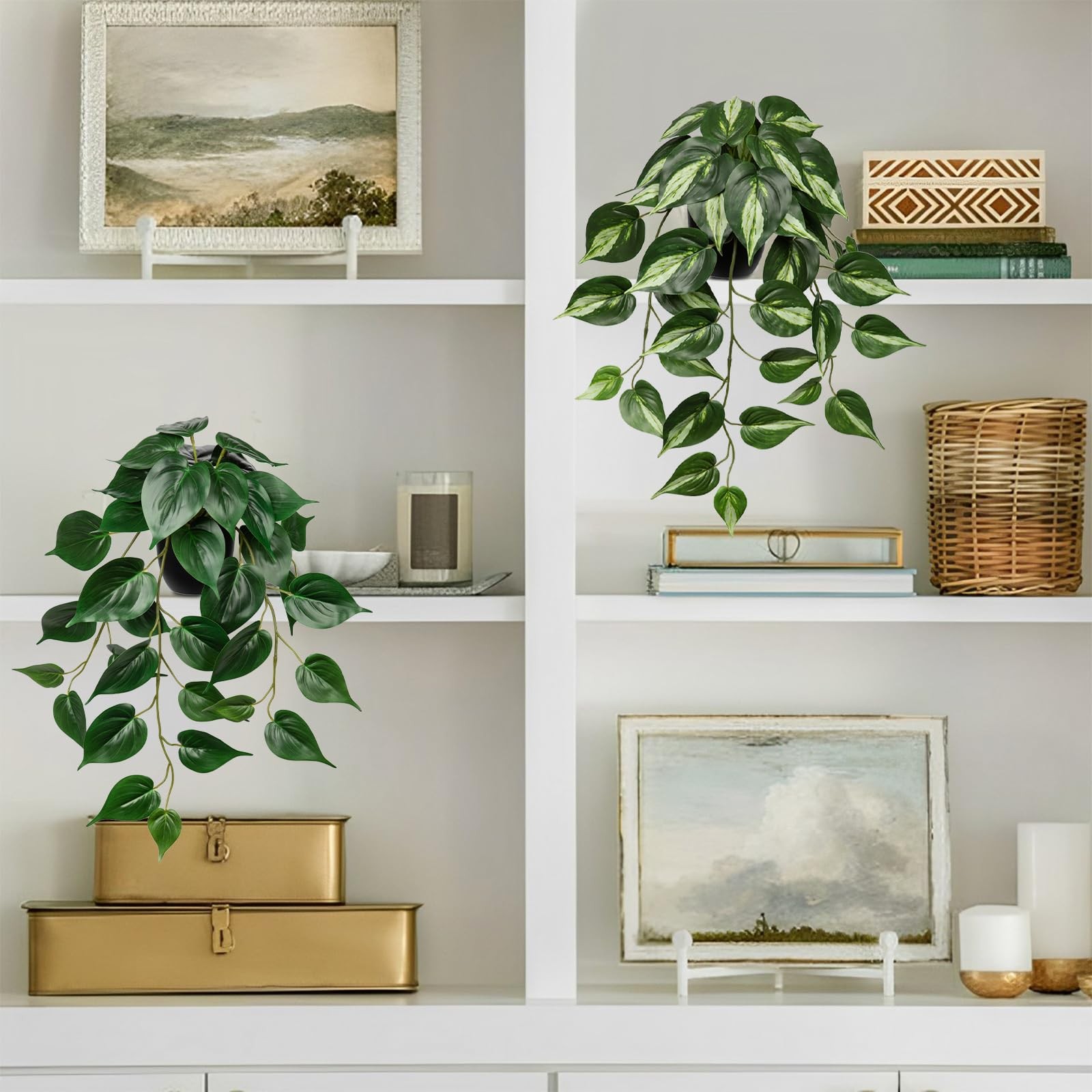 2 Pack Artifitial Hanging Plants 18″ Fake Devil’s Ivy Golden Pothos Plants, H…