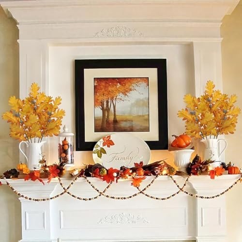 5 Pcs Artificial Fall Oak Leaves Stems – 19.6” Fake Autumn Foliage for Home Deco