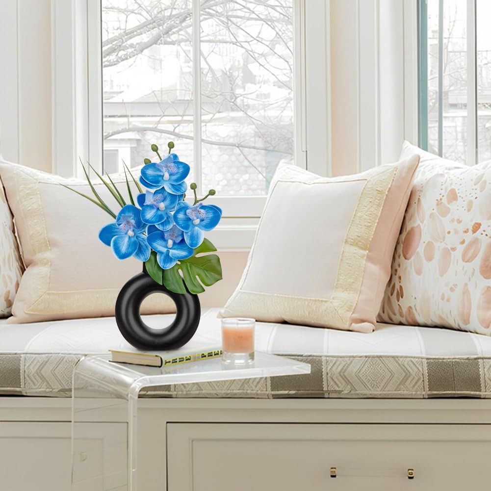 2PCS Blue Orchid Fake Flowers in Black Ceramic Pot Silk Orchid Floral Arrange…