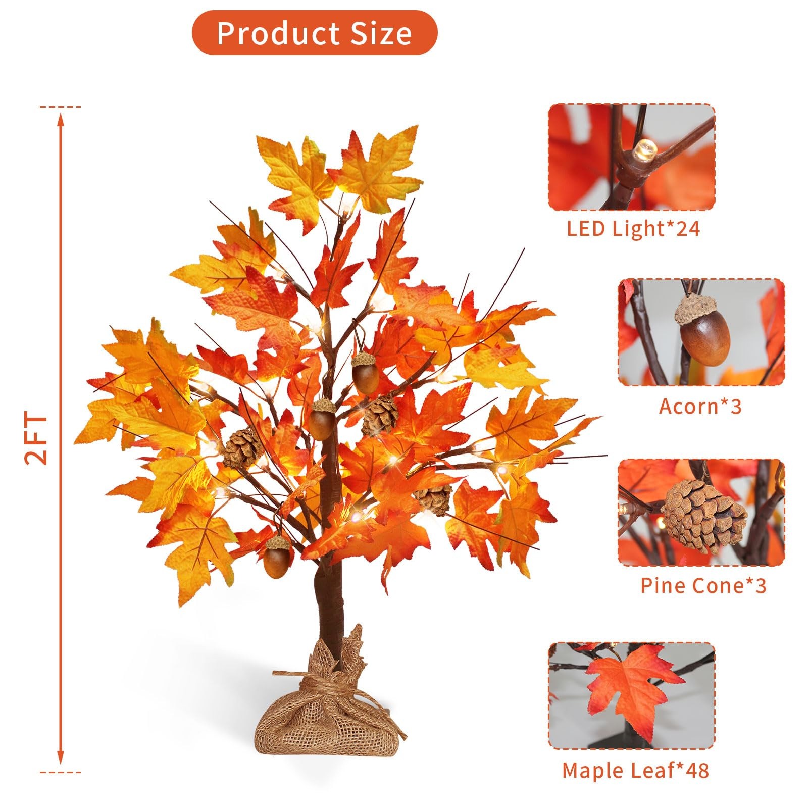 Fall Maple Tree Lights, Lighted Fall Tree with Acons Pine Cones, Fall Decor f…
