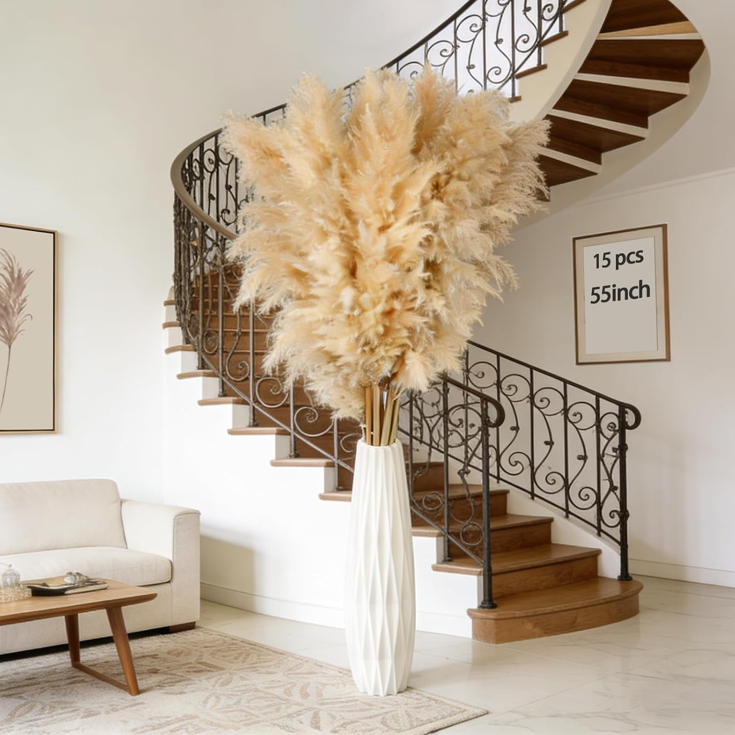 55Inch 15Pcs Tall Pampas Grass for Floor Vase-Dried Pampas Grass Decor Tall Brow