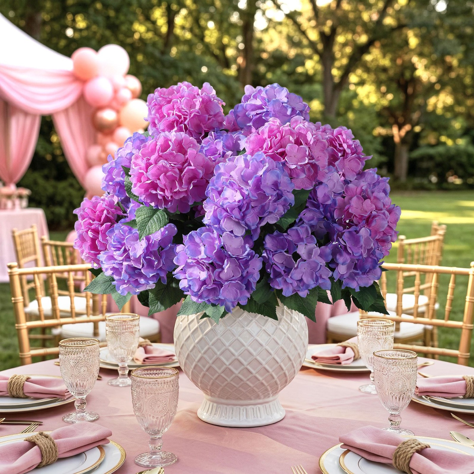 Artificial Flowers for Outdoors, 4 PCS Purple Fuchsia Fake Silk Hydrangea Flo…