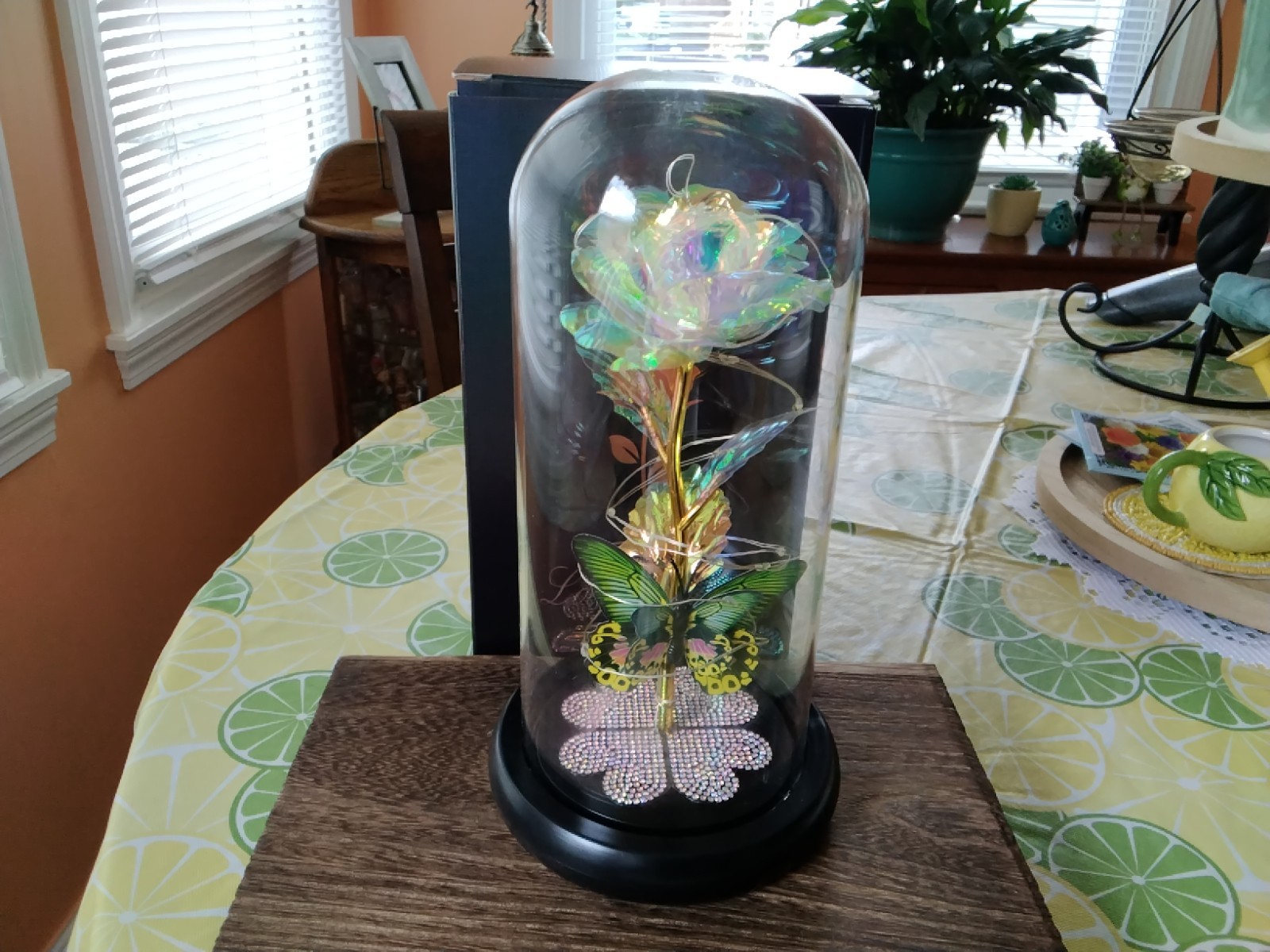 Love Forever Glass Dome With Irridescent Rose With Butterfly Battery Operated