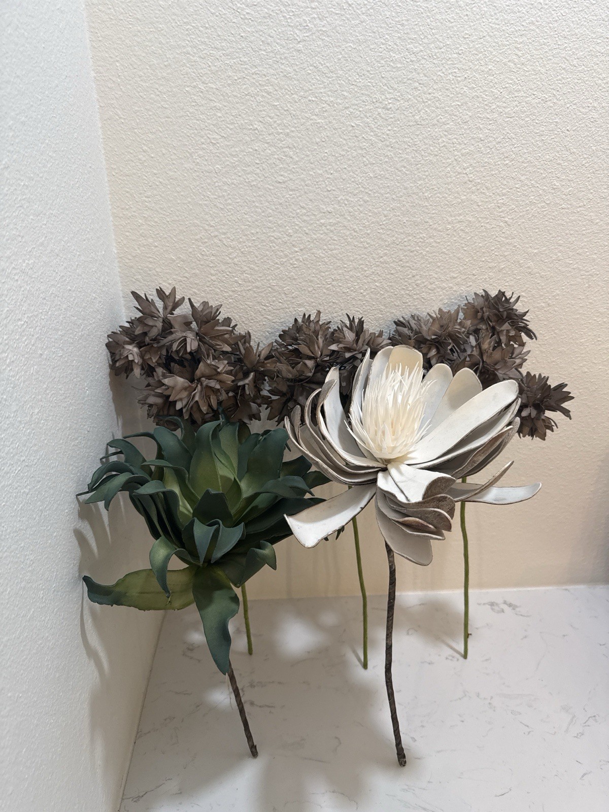 Lot 5 Artificial Flower Stems Rustic Brown White Green Floral Decor 10-15”