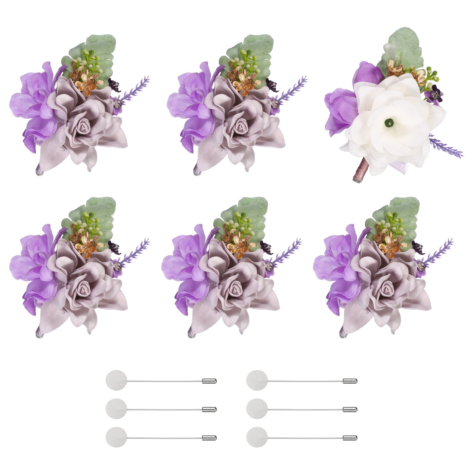 Mens Boutonnieres for Weddings, 6 Pcs Rose Boutonnieres, Purple Red/Light Purple