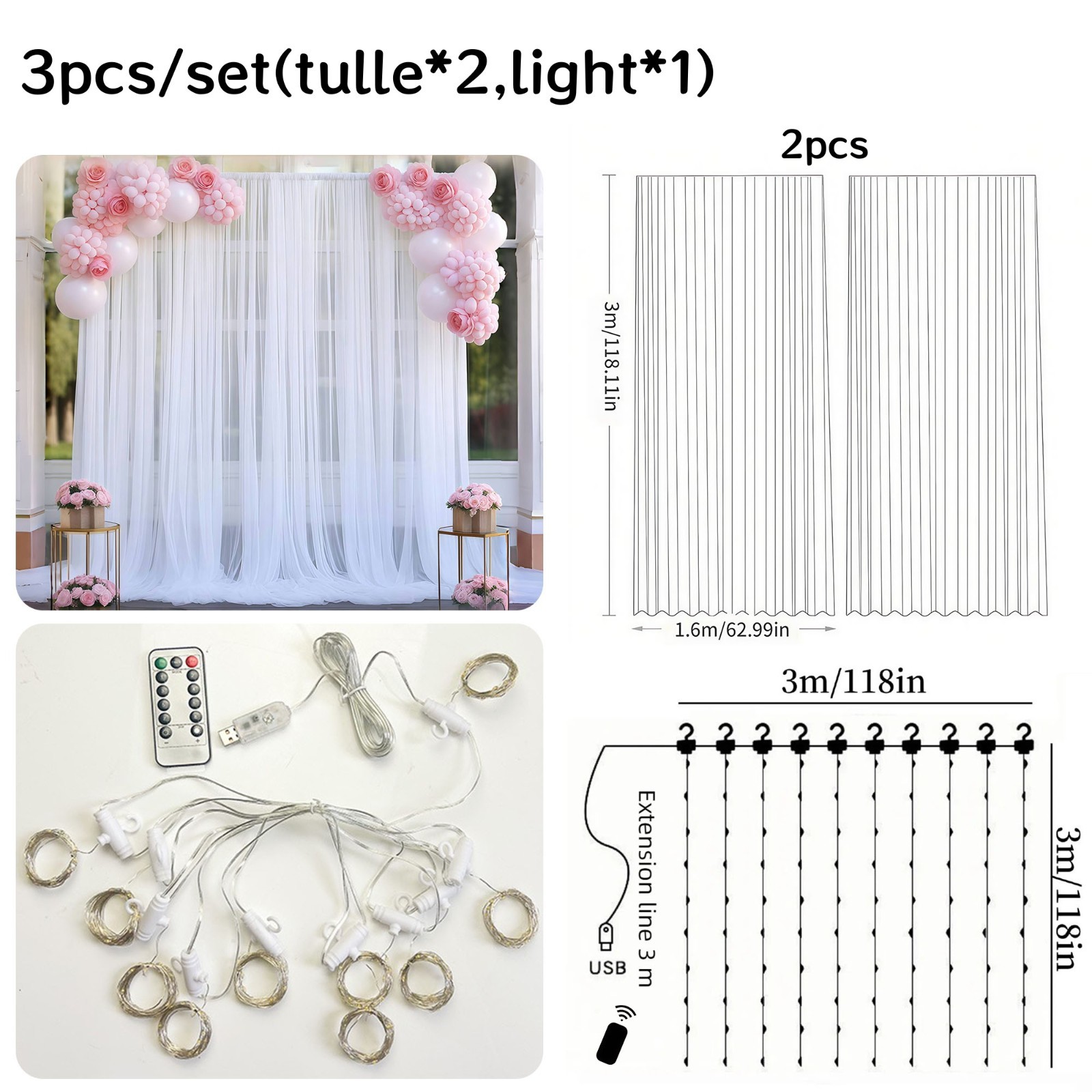 3x3m Tulle Backdrop Curtain Wedding Party Photography Decor