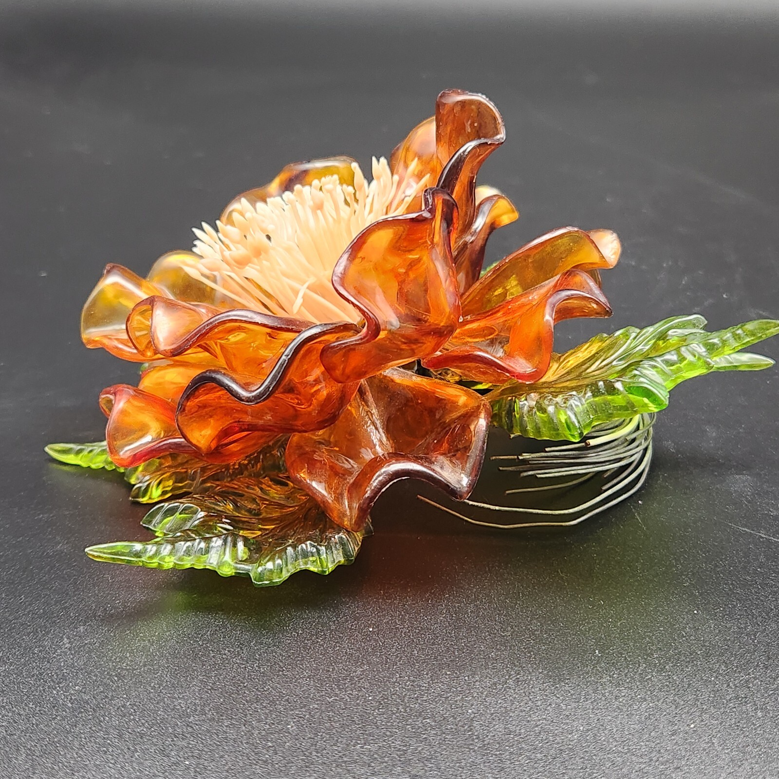 Vtg MCM Lucite Magnolia Flower & Leaves Wired Floral Arrangement Acrylic 7.5 x 7