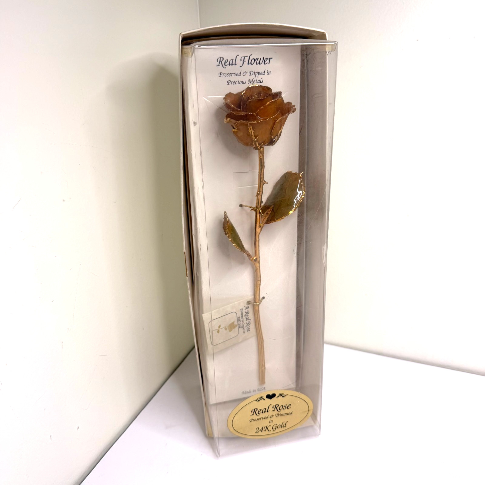 Vintage Real 24K Gold Dipped Rose Preserved Flower w/ Display Case Gift Decor