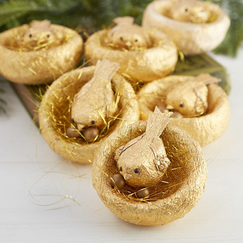 Set of 12 Metallic Gold 3-1/2″ Bird Nest with Bird Displays