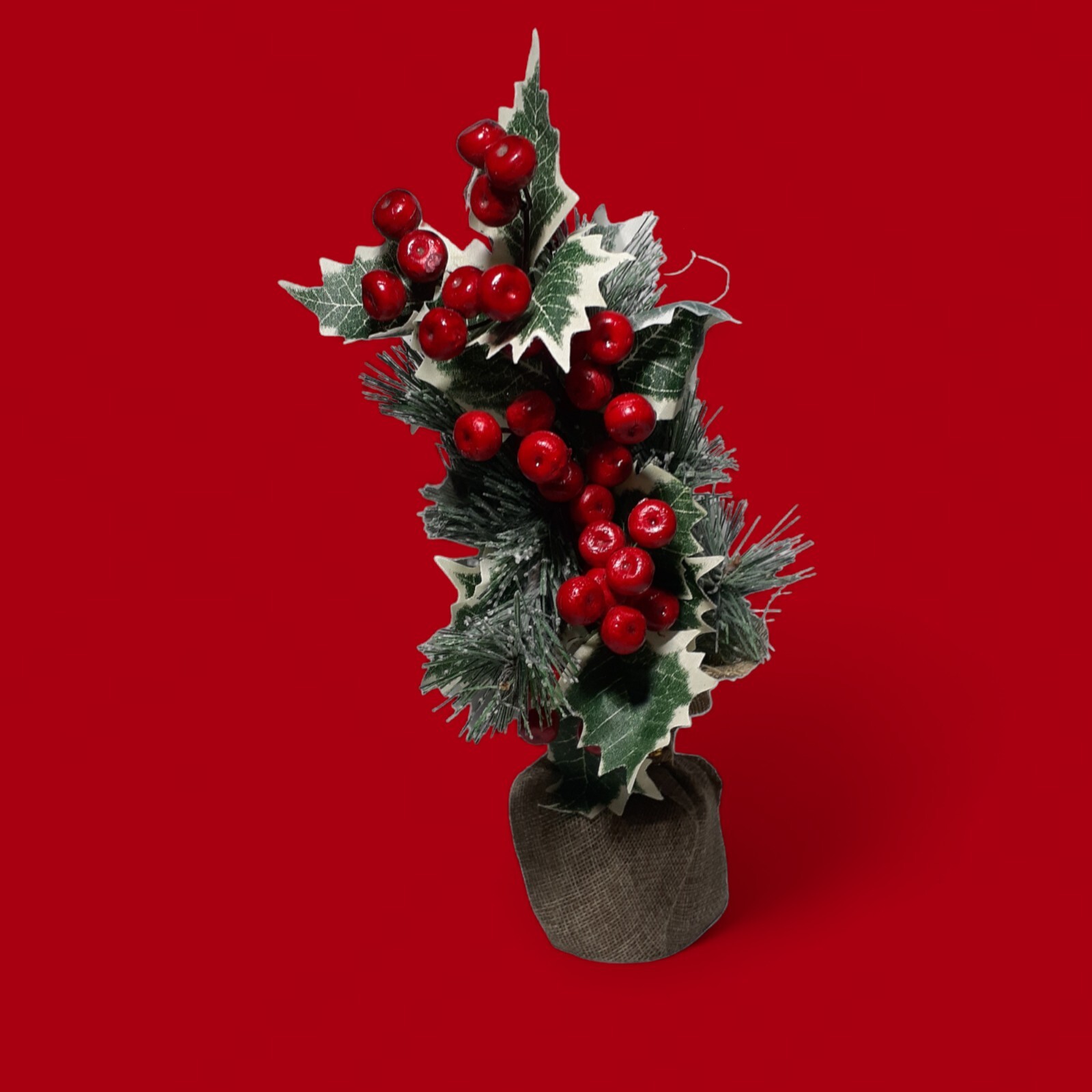 Home Decor Plant Artificial Holly Berries Pine Ivy Greenery In Burlap Winter 11″