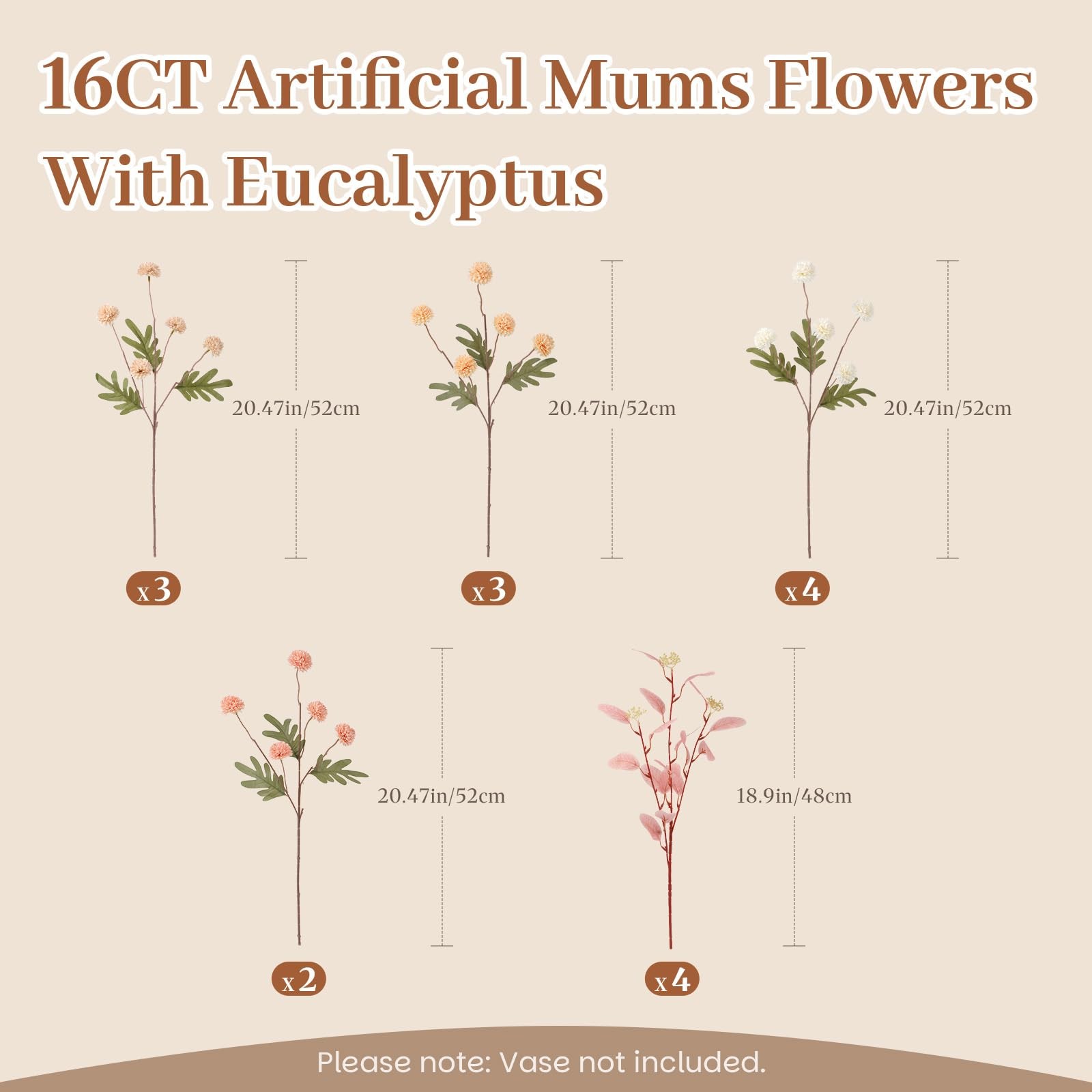 16 Pcs Faux Silk Mums with Eucalyptus, Fake Chrysanthemum for Vase