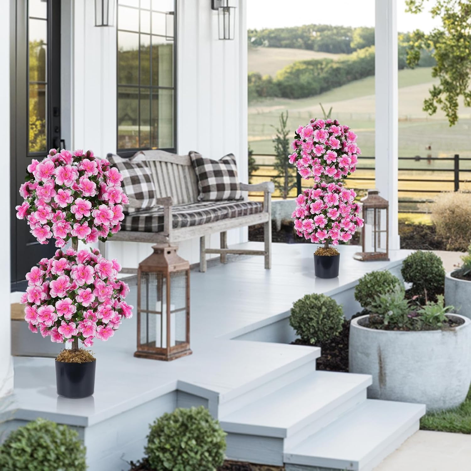 Double Ball Topiary Trees – 3FT Faux Camellia Plants Set of 2 for Decor