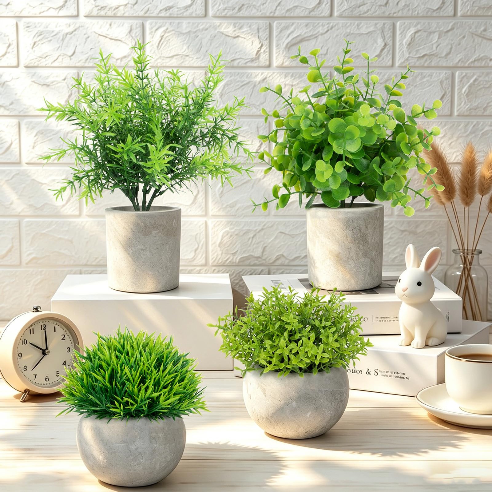 4 Pack Small Fake Plants Indoor, Mini Potted Artificial Plants Eucalyptus Ros…