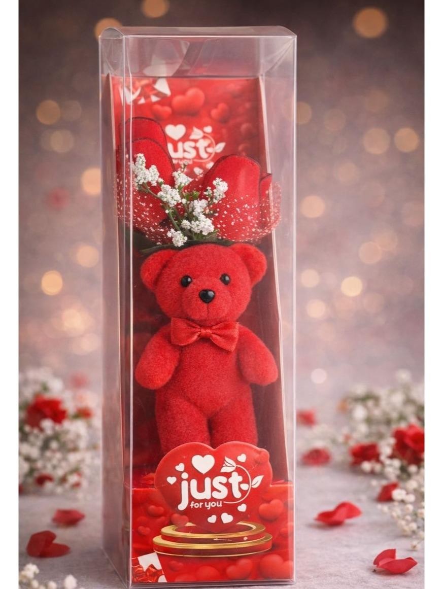 Mini Teddy Bear Gift Box with Plush Bear & Artificial Roses for Valentine’s Day
