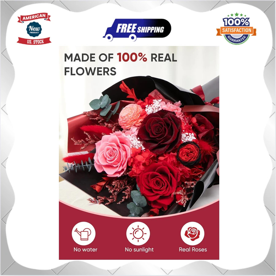 Preserved Red Rose Bouquet Real Forever Flowers Gift for Her Birthday Anniver…