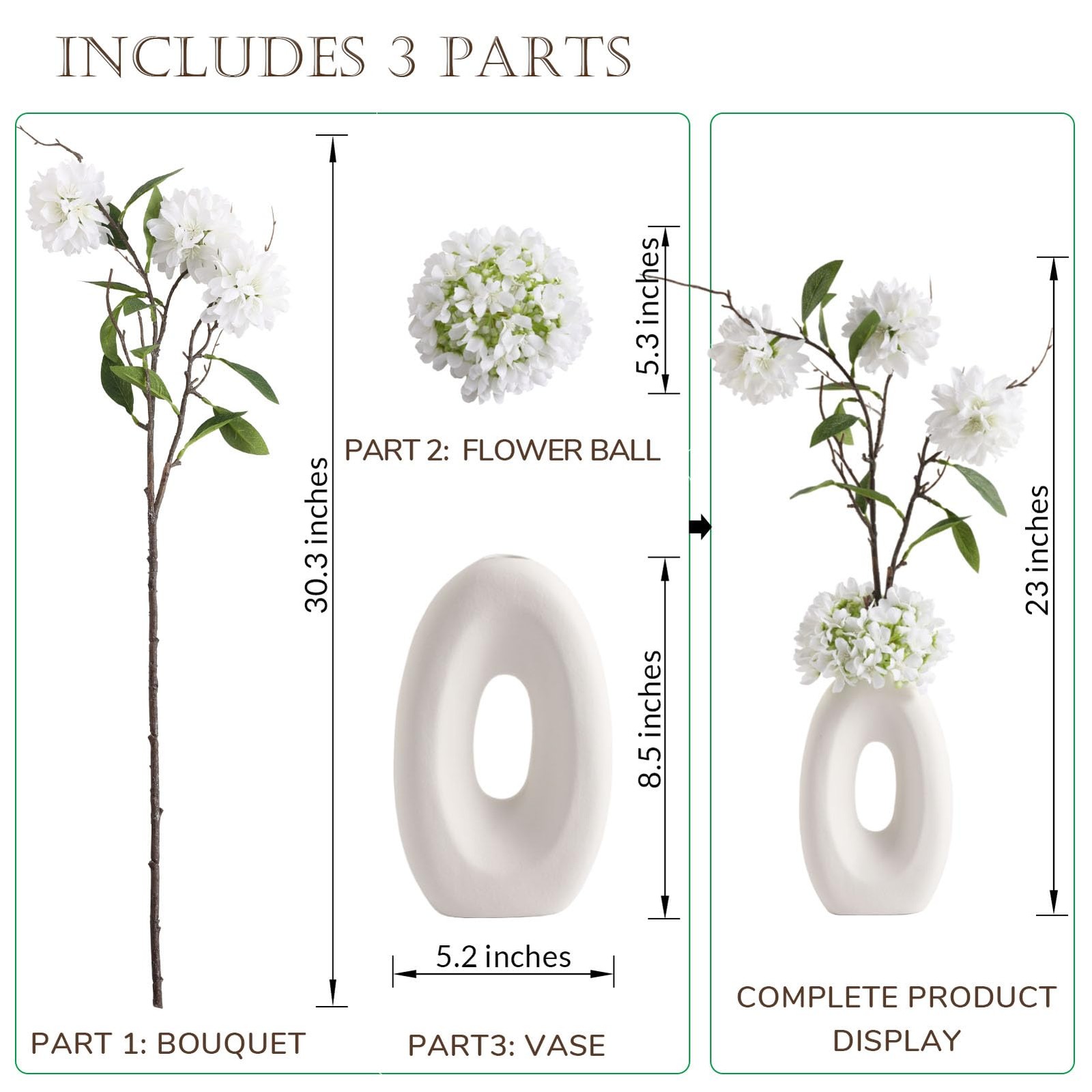 Fake Flower Bouquet and Vase Set Faux Silk Arrangement White Blossoms