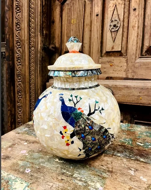 15” white Marble Flower pot Vase matka with lid inlay mop malachite home decor