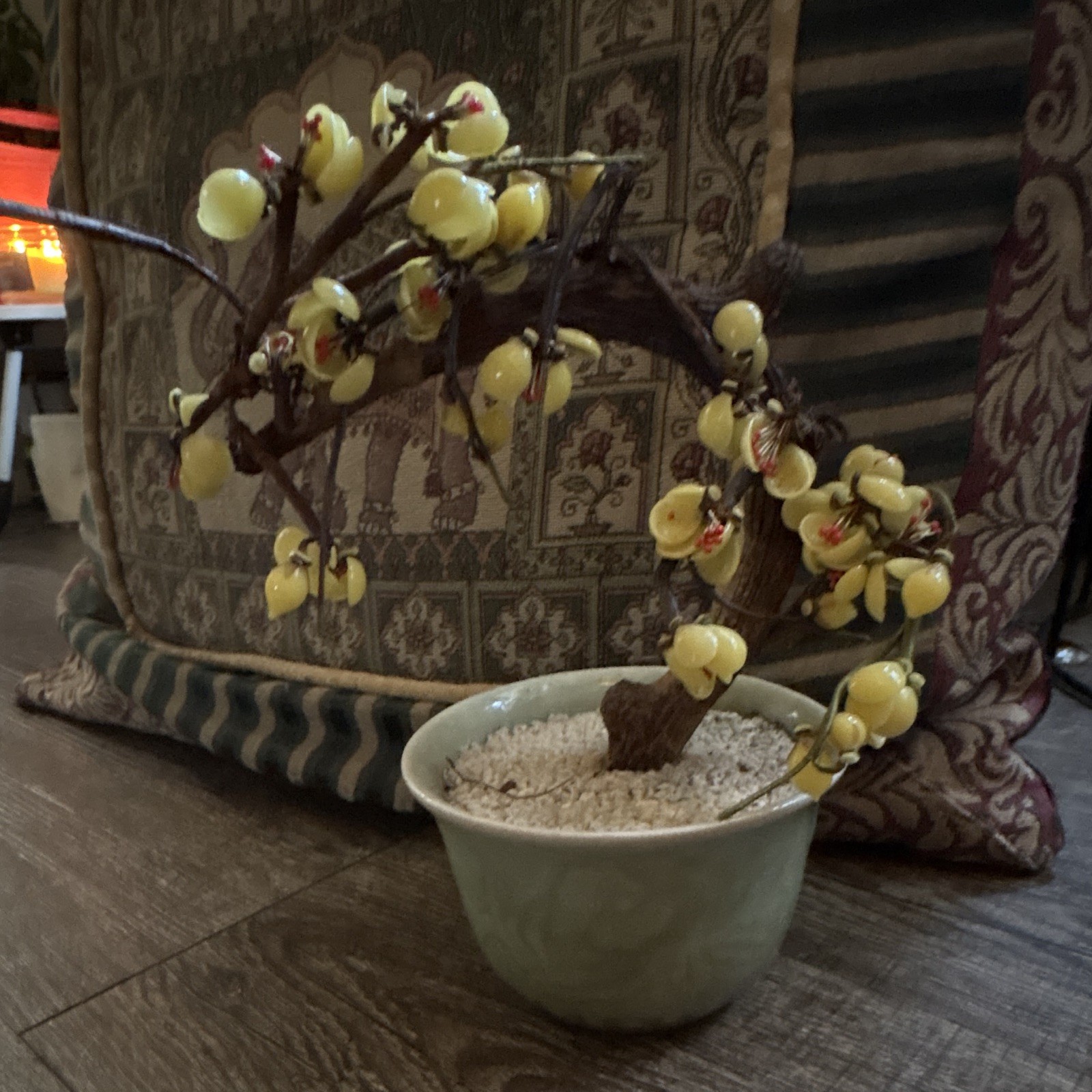 Artificial Yellow Blossom Branch Floral Arrangement & Centerpiece in Ceramic Pot