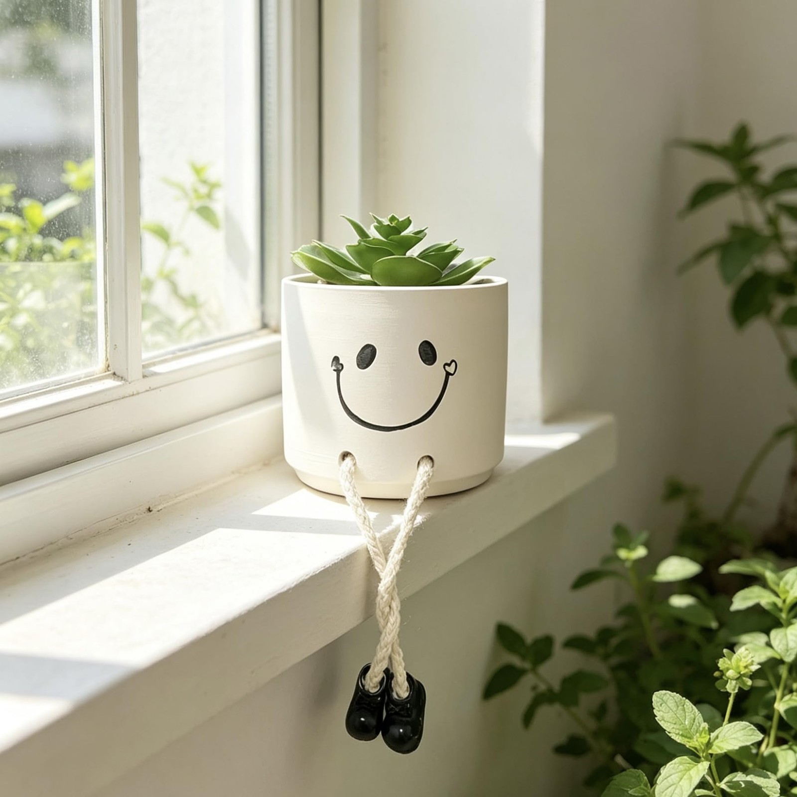 Small Fake Plants Office Decor, Cute Smiling Ceramics Planter with Artificial…