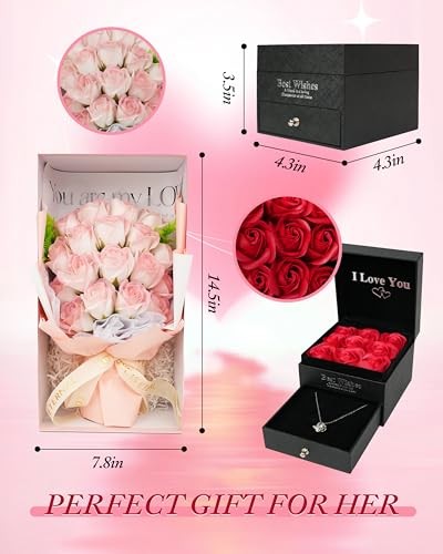 Roses Bouquet Artificial Flower Eternas Rosas with Necklace Preserved Pink Pure