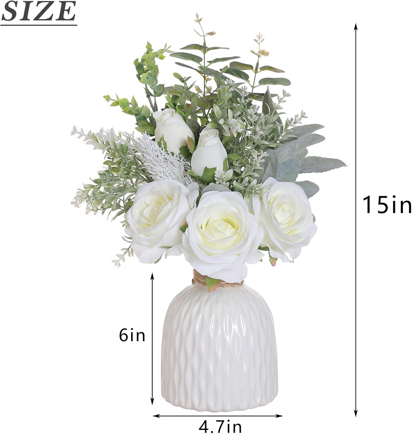 Artificial Flowers with Ceramic Vase,Faux Silk Roses and Fake Plant Eucalyptus
