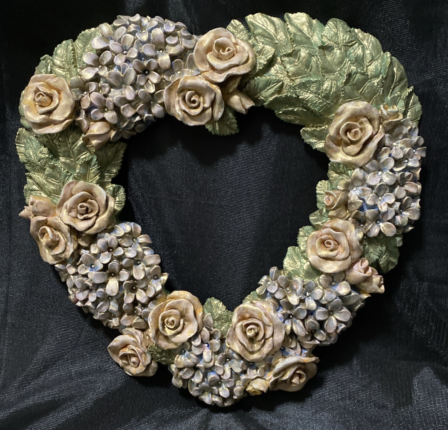 Vintage Resin Rose and Hydrangea Heart Wreath Custom Soft Muted Pastels, Guilted