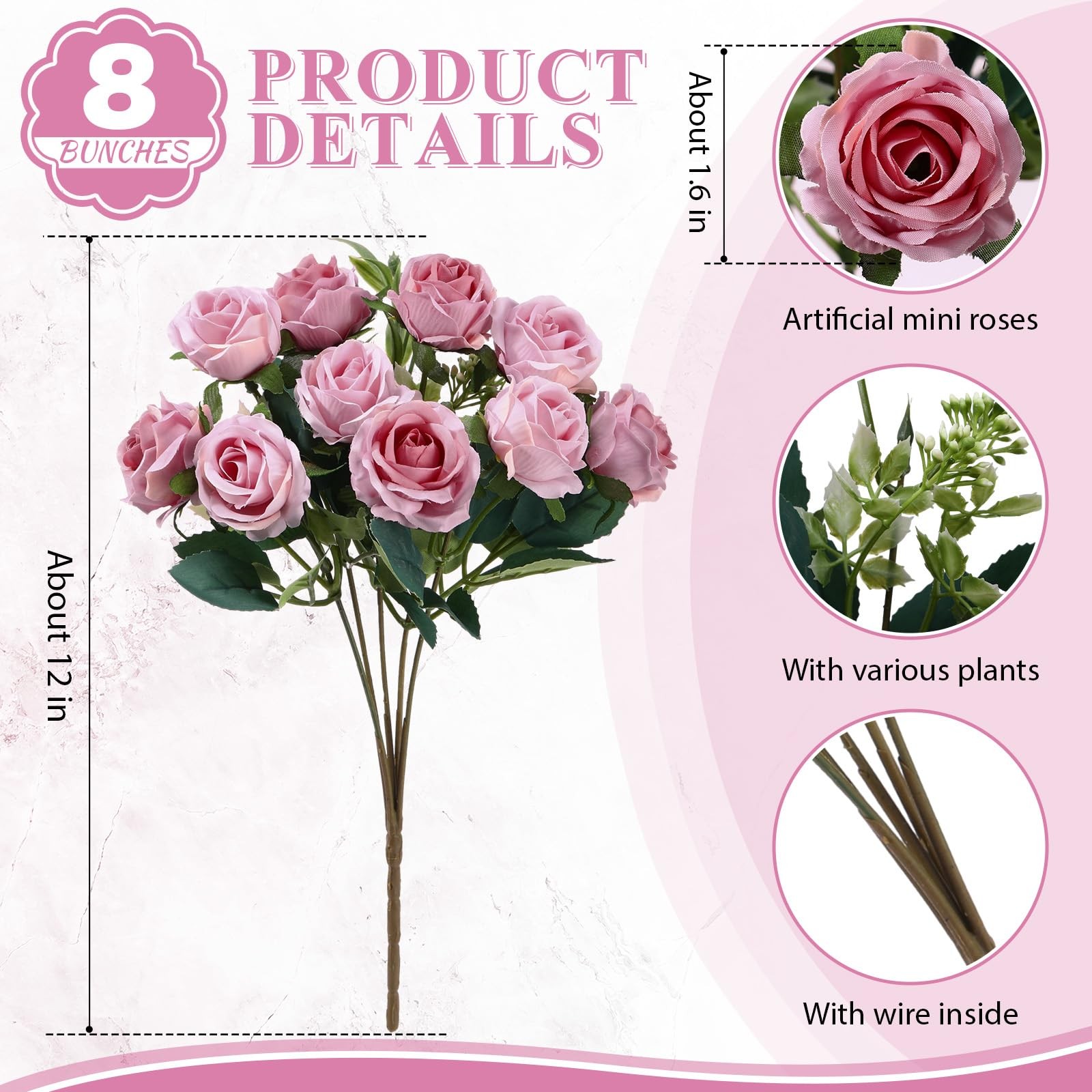 8 Pack 12 Inch Wedding Bouquets Red Artificial Silk Rose Bulk 8 PCS