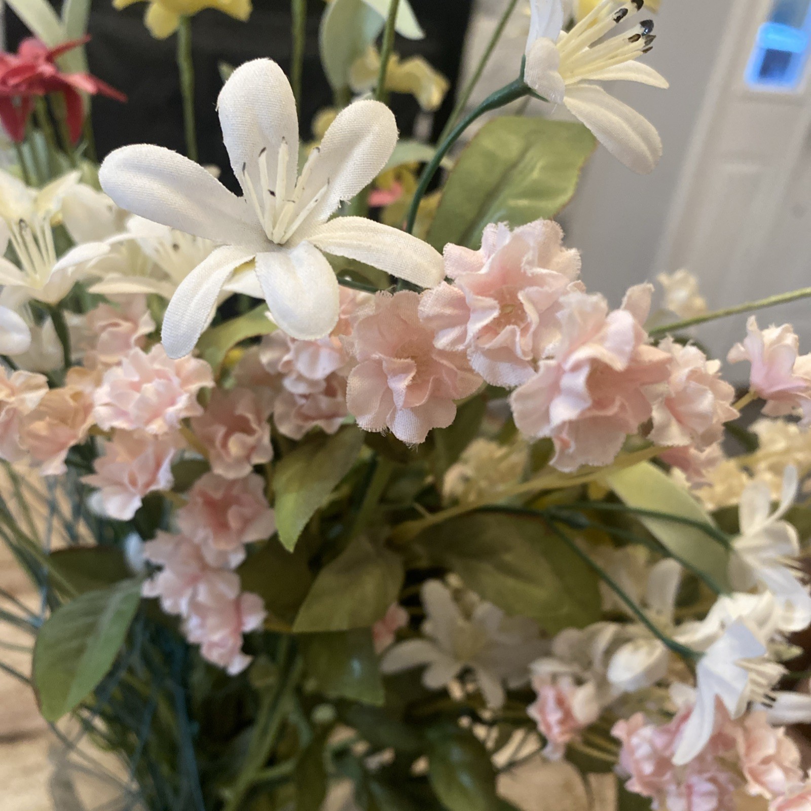ARTIFICIAL FLOWERS ONLY… YELLOW, WHITE, PINK, LIGHT PINK, AND GREENERY NO VASE