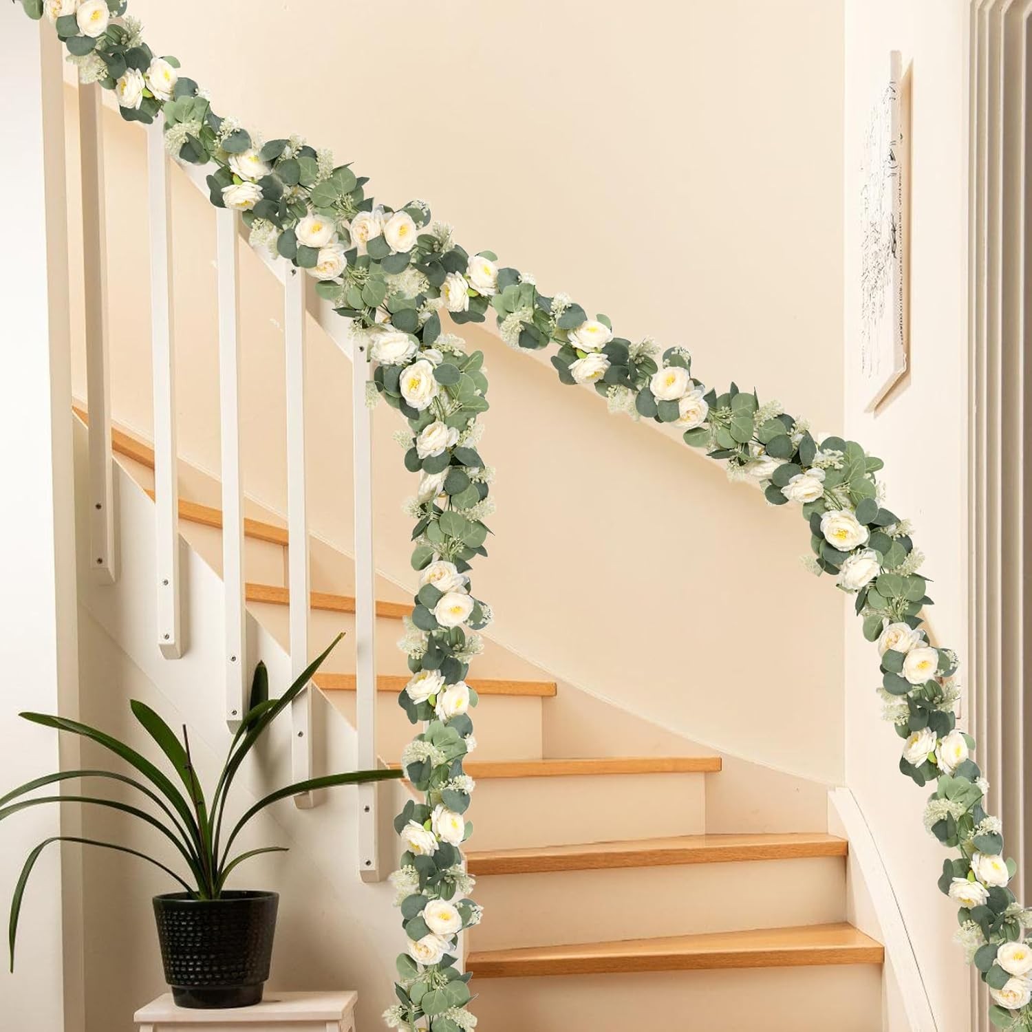 2 Packs Eucalyptus Garland W/ Flowers 6.56ft Artificial Flower Greenery Garlands