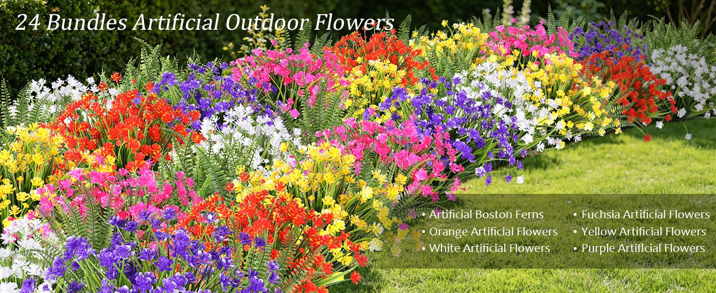 24 Bundles Artificial Flowers for Outdoors, Realistic Fake Silk Flowers for