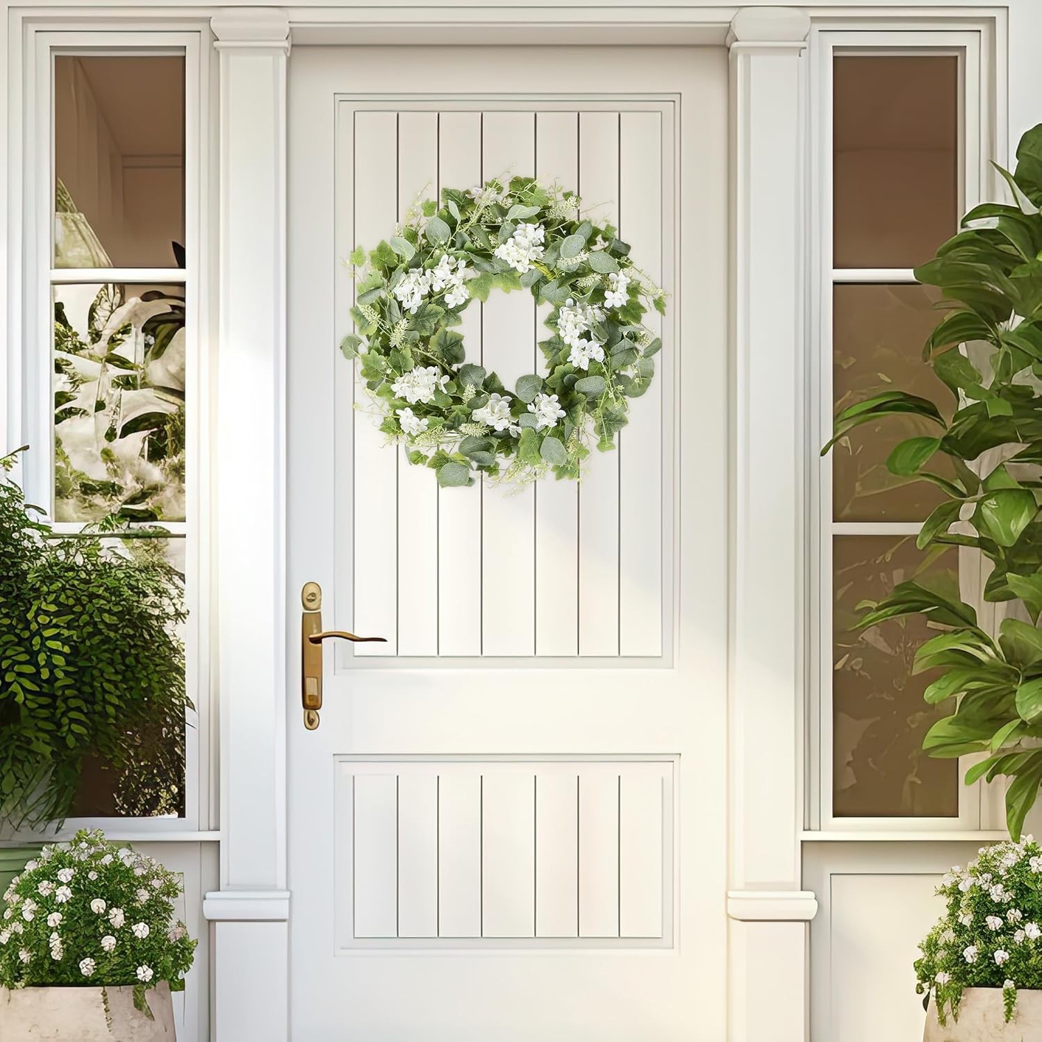18-Inch Artificial Spring Summer Wreath with Eucalyptus and White Flowers
