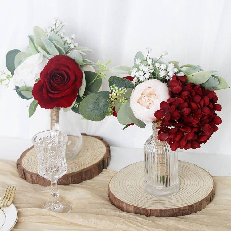 Artificial Flowers Bridesmaids Bouquets Set of 6 – Burgundy and White Bridesm…