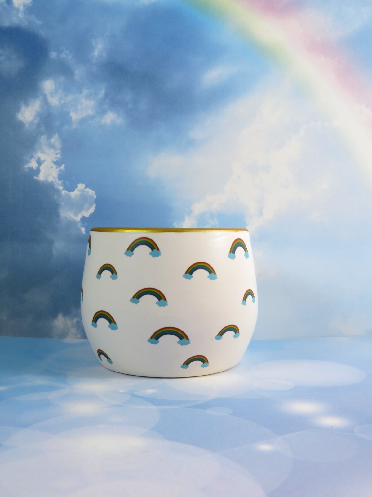 Mini Rainbows Ceramic Planter With Artificial Succulents 2.5 Inch Gold Rim New