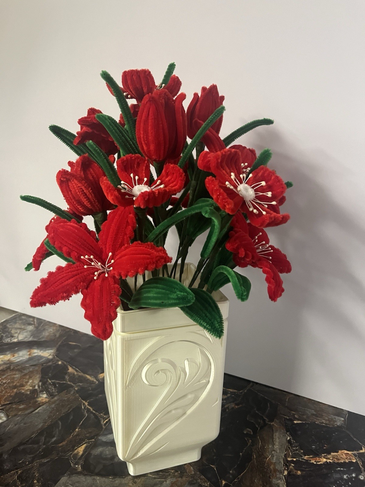 Handmade Red Pipe Cleaner Flower Arrangement in Elegant Vase – Unique Decor
