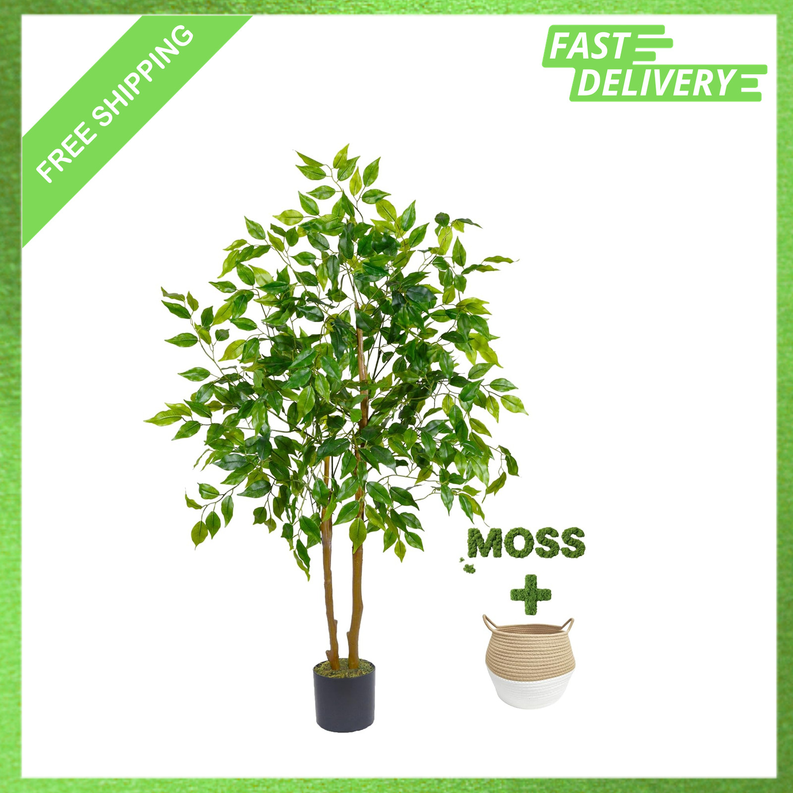 Artificial Ficus Tree, 4ft Tall Fake Plant with Basket, Indoor Outdoor Decor