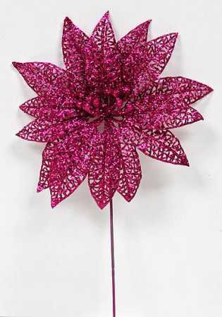 Bulk Pack of 12 Fuchsia Glittered Mesh Artificial Poinsettia 11″ Picks