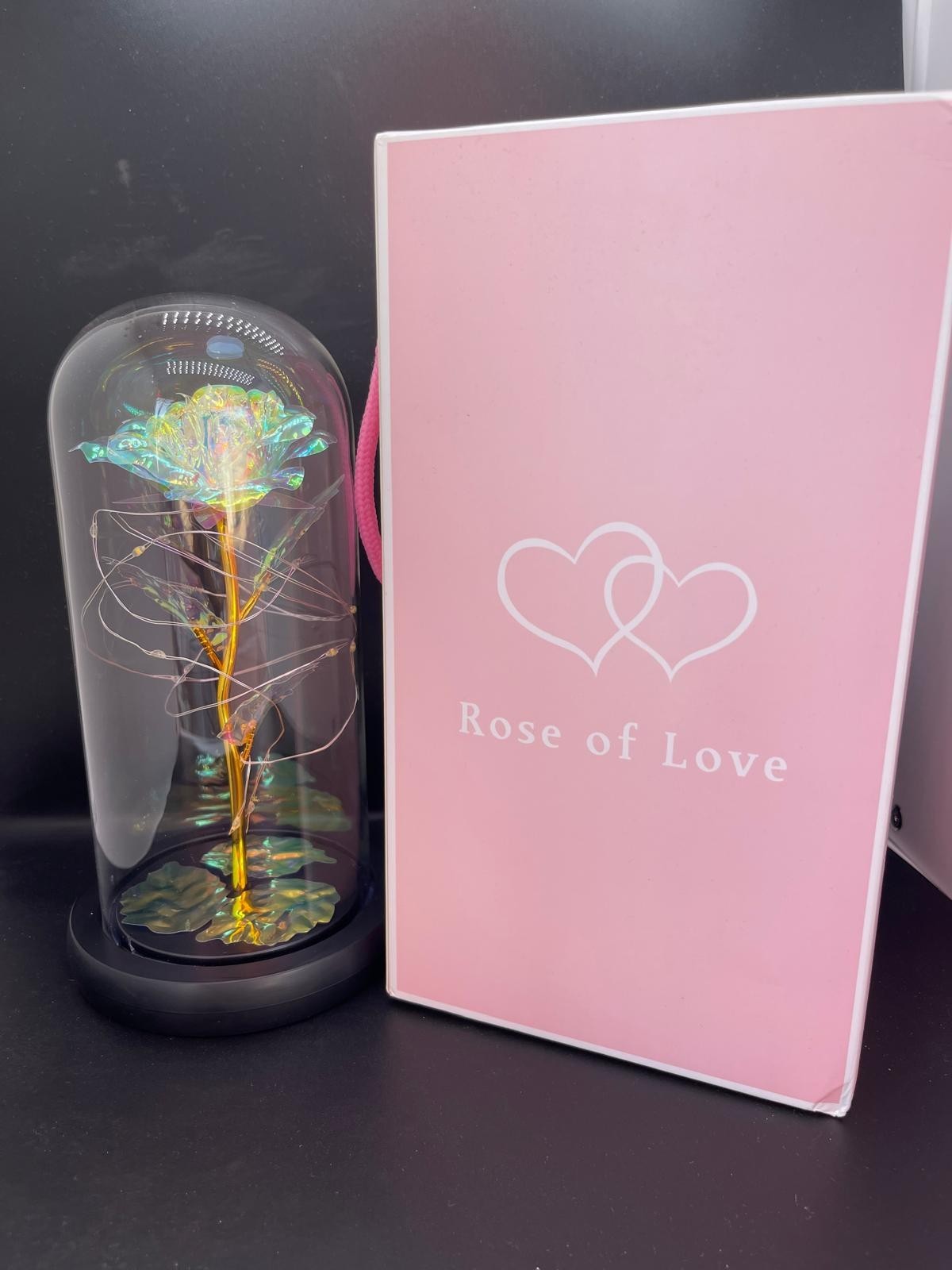 Eternal rose in a transparent dome with LED light. Valentine’s Day Gift