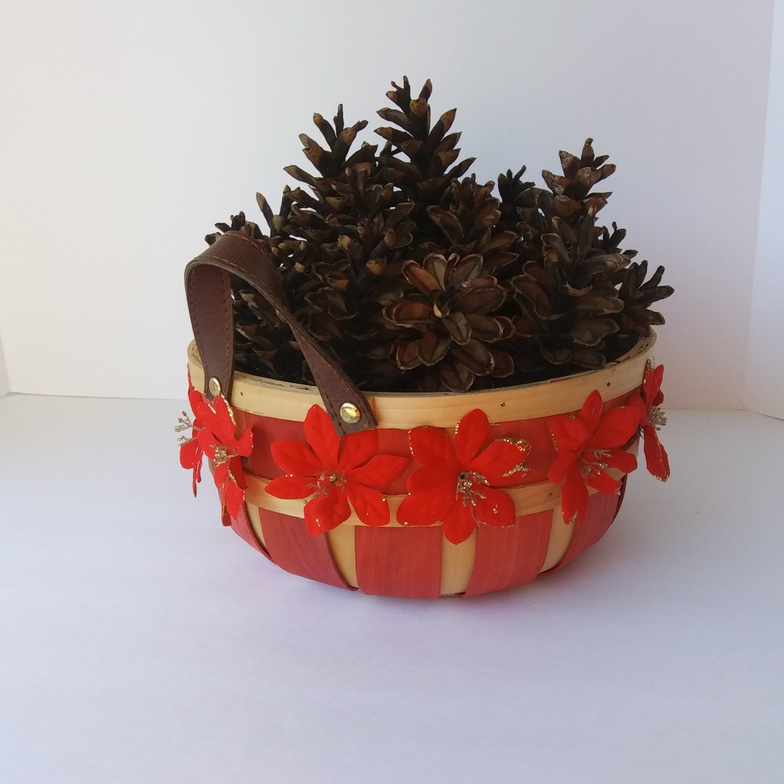 Rustic Pinecone Basket Centerpiece with Red Flowers – Fall or Christmas Décor