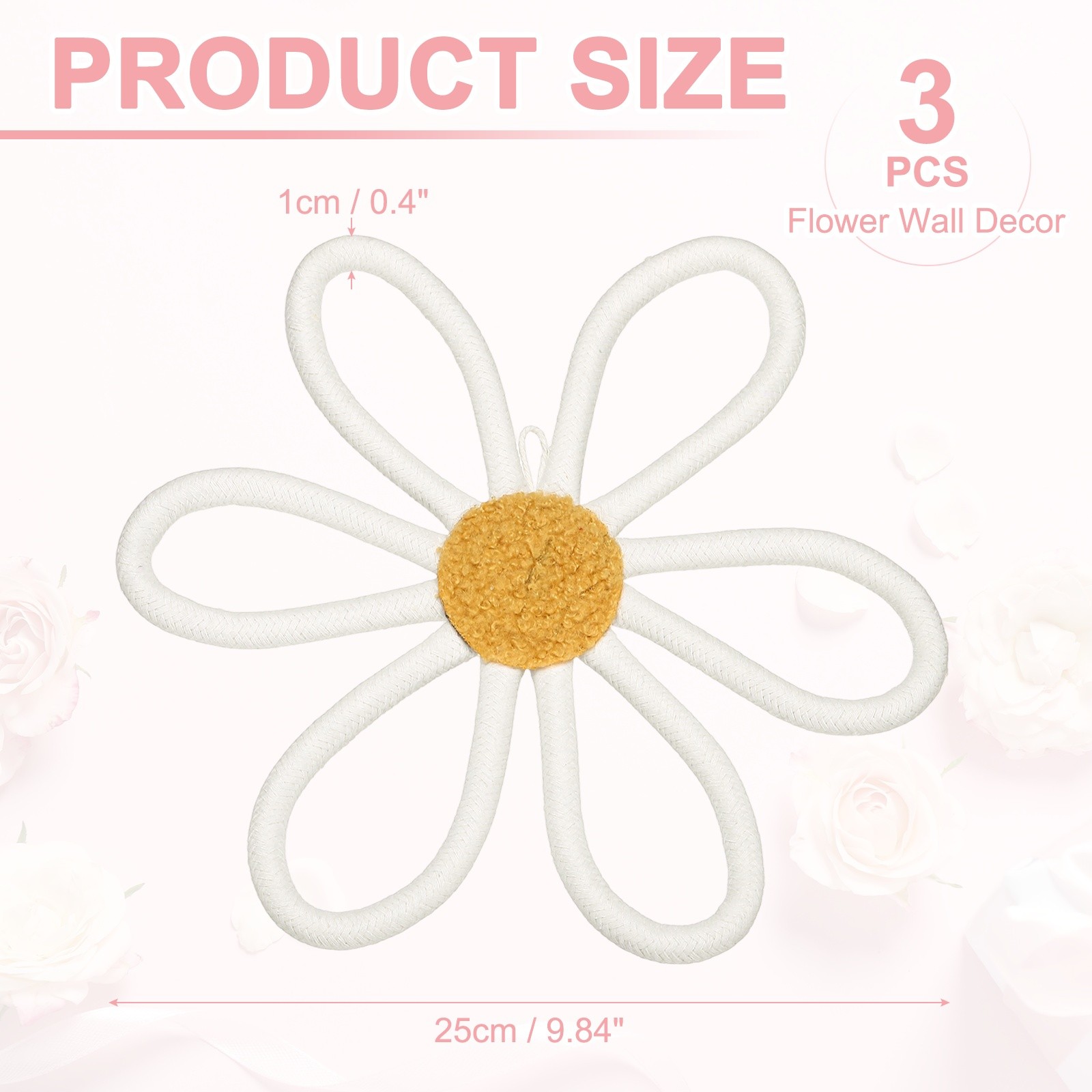 3Pcs Daisies Floral Wall Decor 10″ Flower Art Decor Woven Macrame Beige,