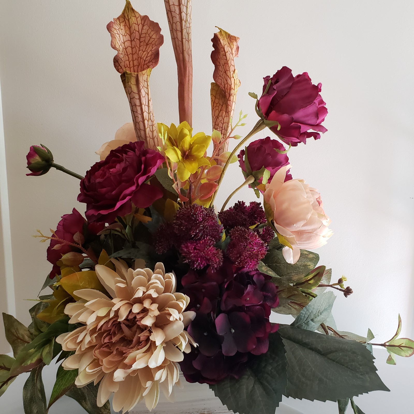 Handmade Silk Flower Centerpiece, Deep Purple Hydrangea, Blush Rose & Mum