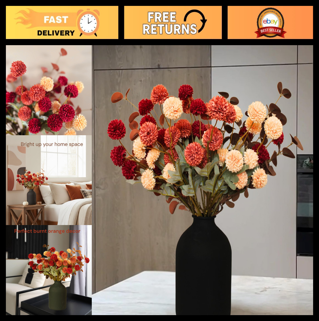 Autumn Floral Arrangement – 10 Stems Burnt Orange Faux Flowers & Eucalyptus Deco