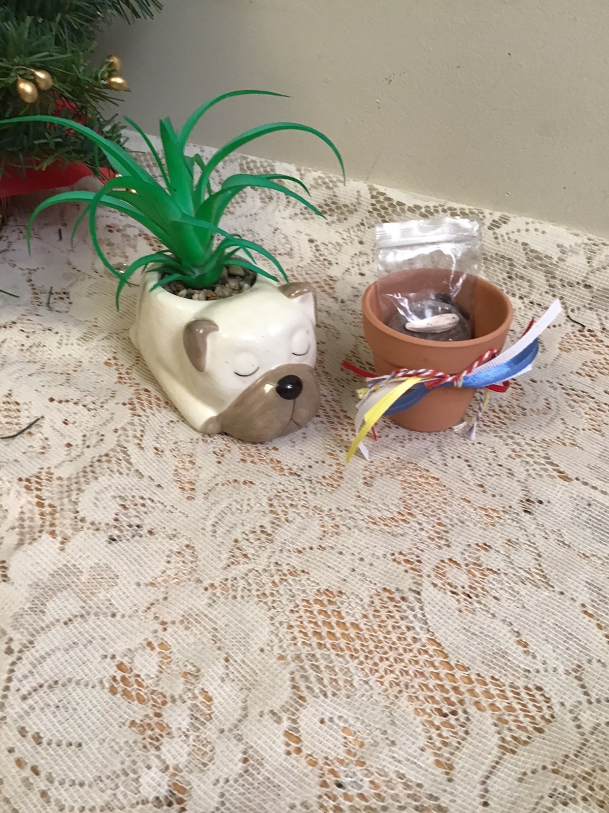 Dog & Clay Pot Succulent Planter- Brown & White Ceramic Dog – Home Decor
