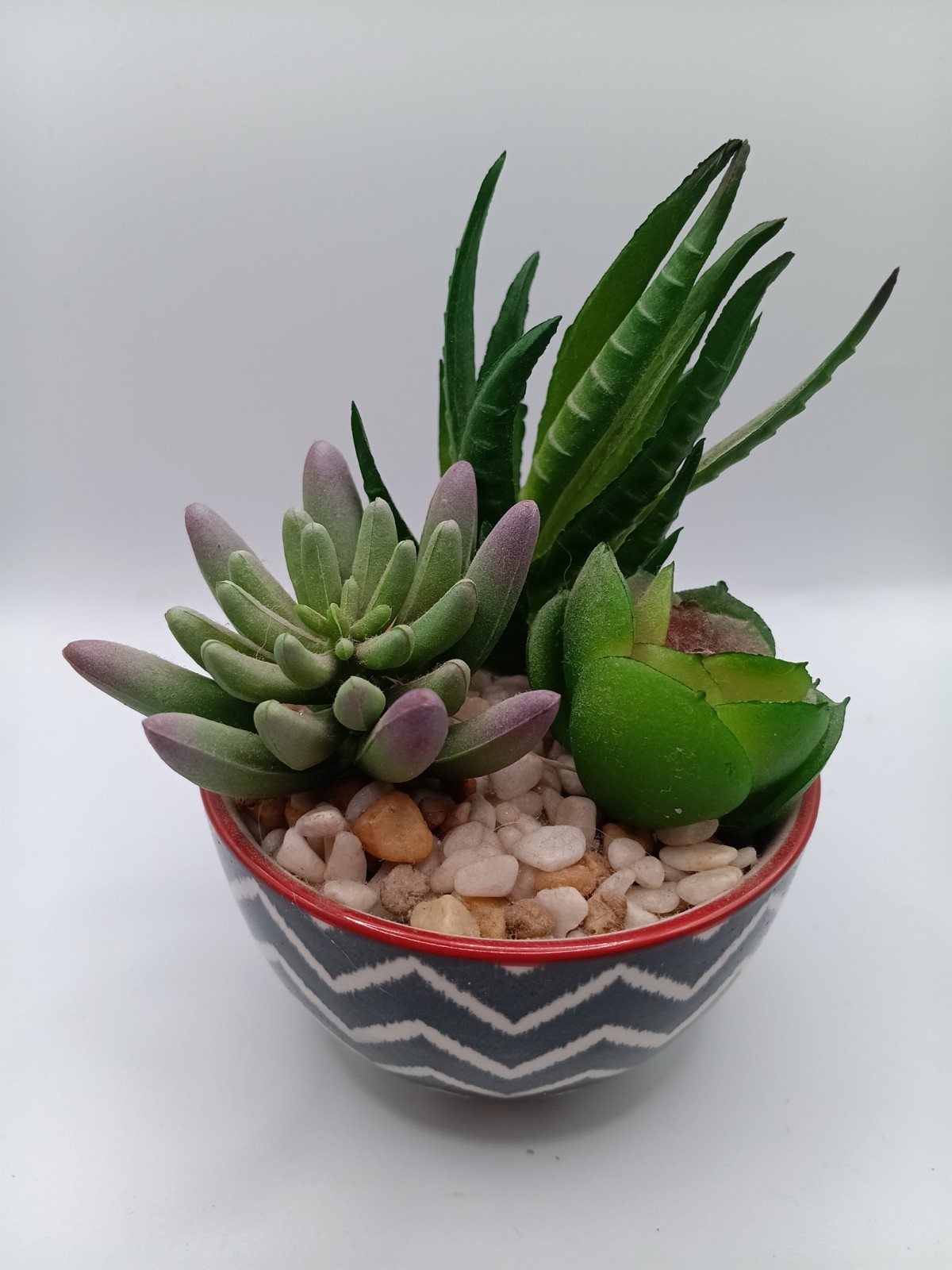 Decorative Artifical 3-Plant Succulent Arrangement In Chevron Print Bowl