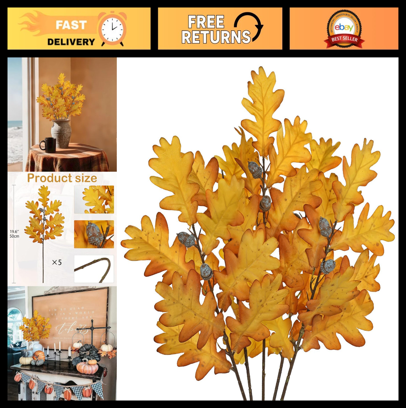 5 Pcs Artificial Fall Oak Leaves Stems – 19.6” Fake Autumn Foliage for Home Deco