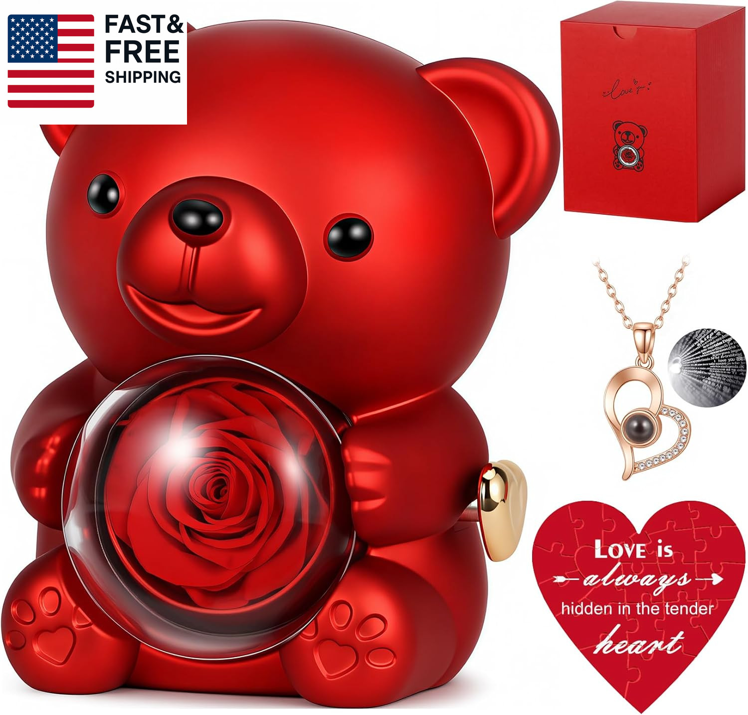 Cute Teddy Bear with Preserved Rose, Hidden Surprise Necklace Rotating Gift Box