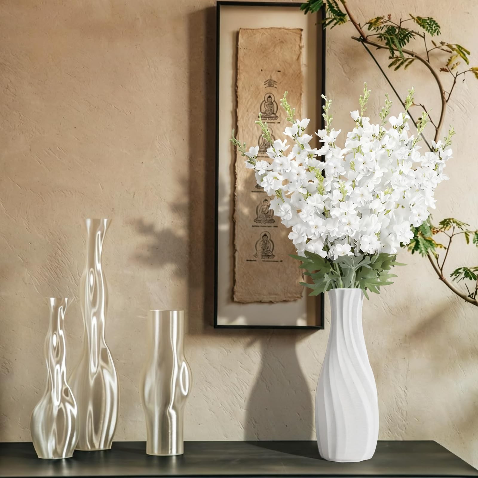16Pcs White Delphinium Artificial Flowers 33.5” Long Stem Silk Larkspur Flow…