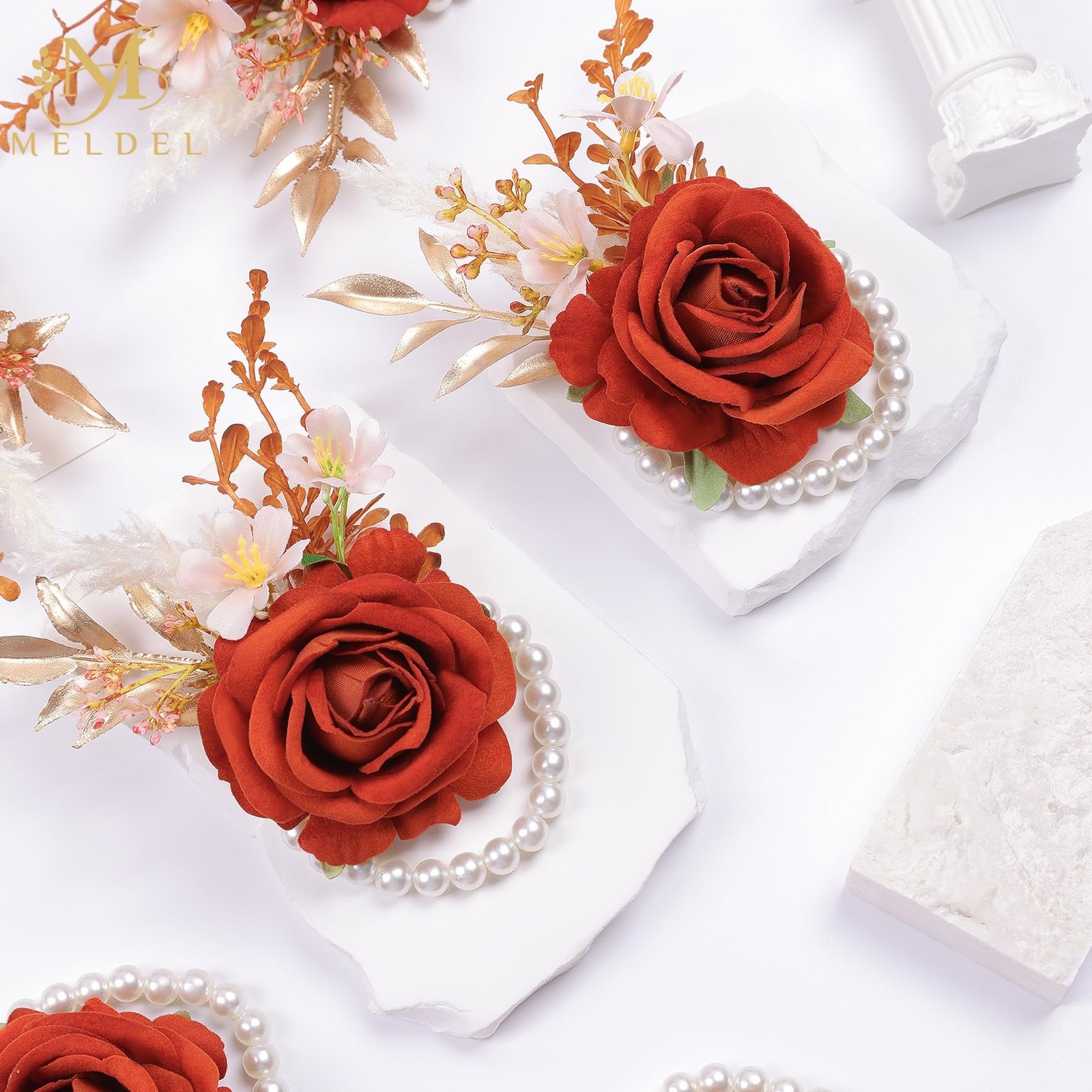 6 PCS Orange Velvet Rose Wrist Corsage Wedding Bridal Flower Prom Party