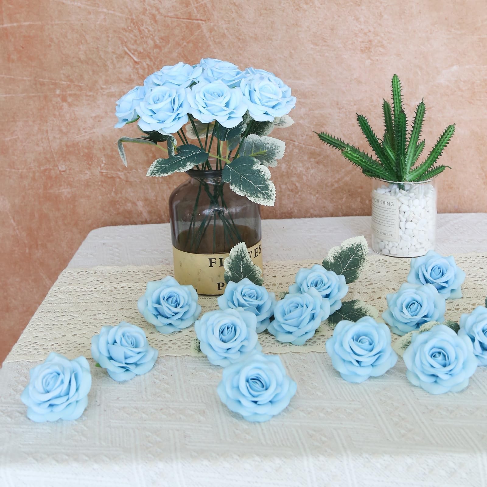 25 PCS Light Blue 2.75 Inch 7 CM Artificial Velvet Rose Flower Heads Decor